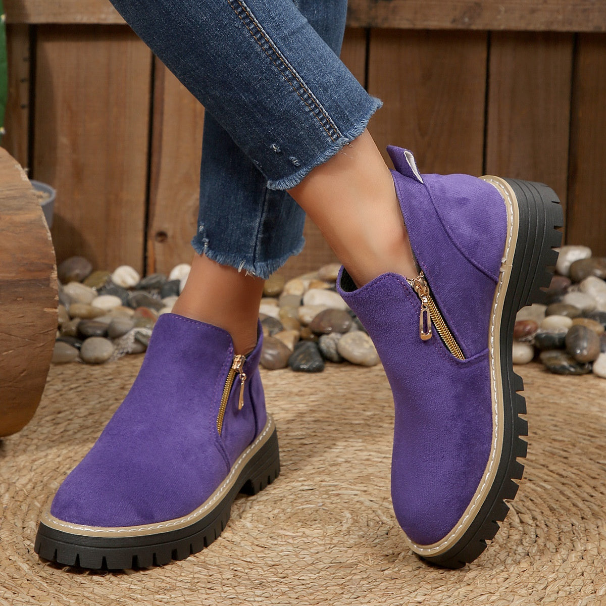 Fashion Ankle Boots With Side Zipper Ins Chunky Boots Autumn Winter Suede Shoes Women