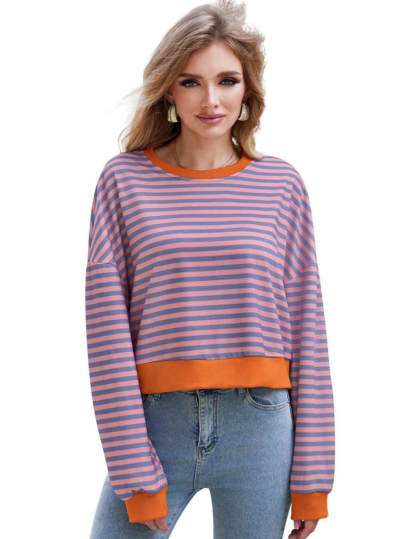 Women's Long Sleeved Striped Round Neck Sweater Top