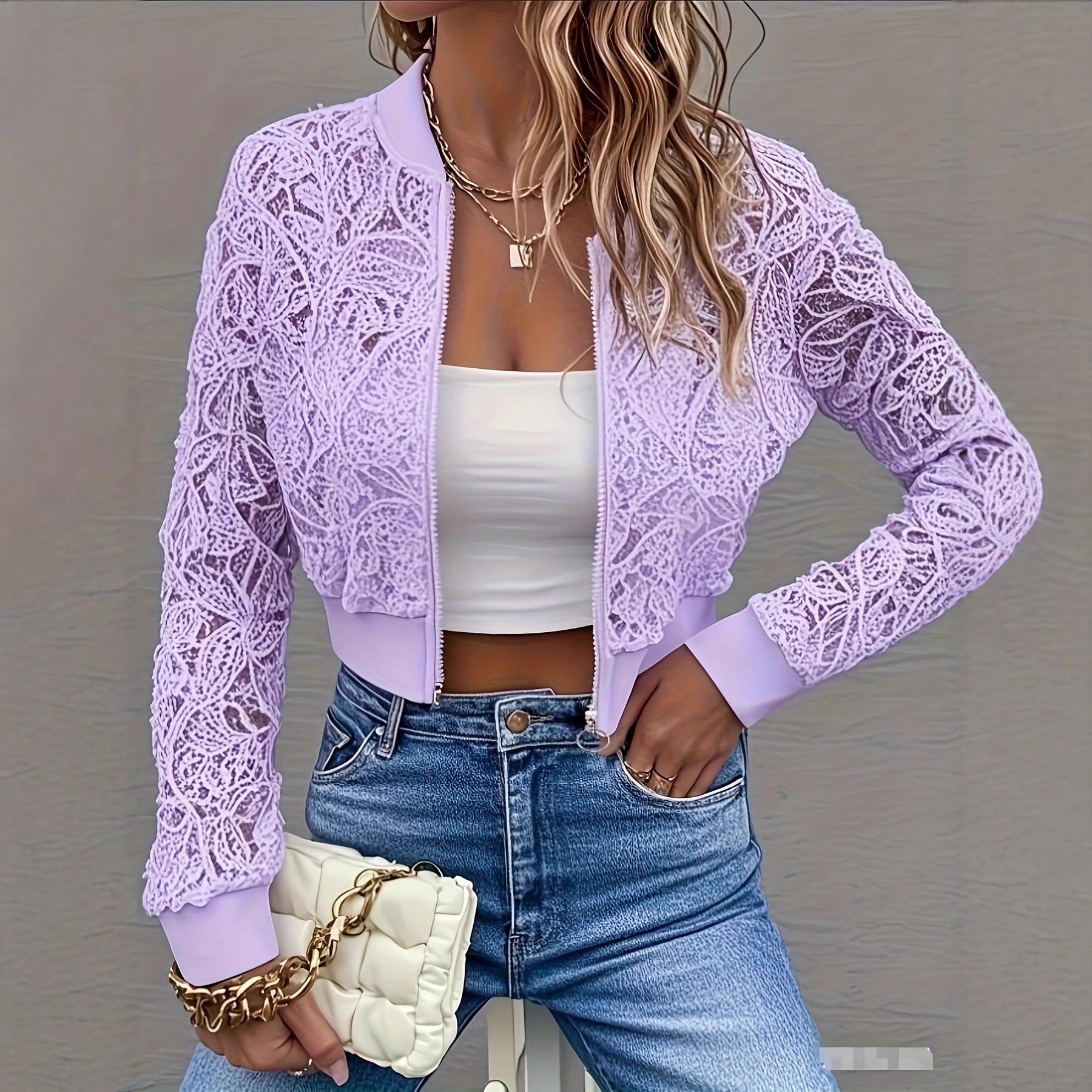 Women's Solid-Color Fashionable Short Lace Jacket With Zipper