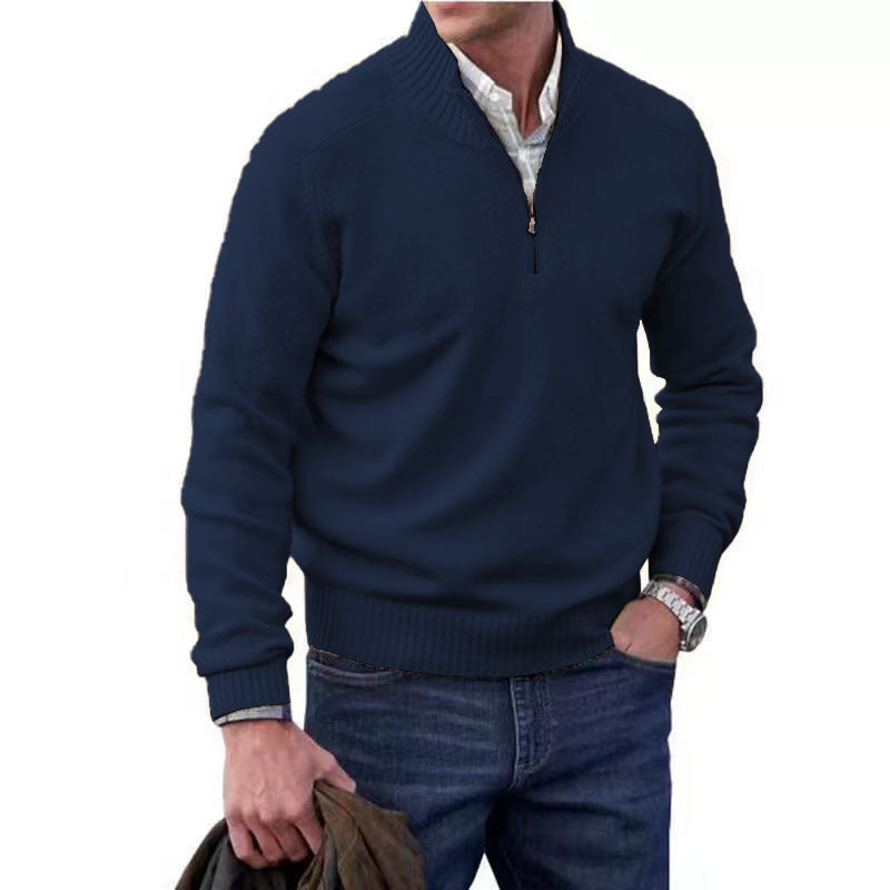 Men's Pullover Sweater Fashion Zipper Stand Collar Knitted Top Casual Solid Color Sweatshirt Clothing